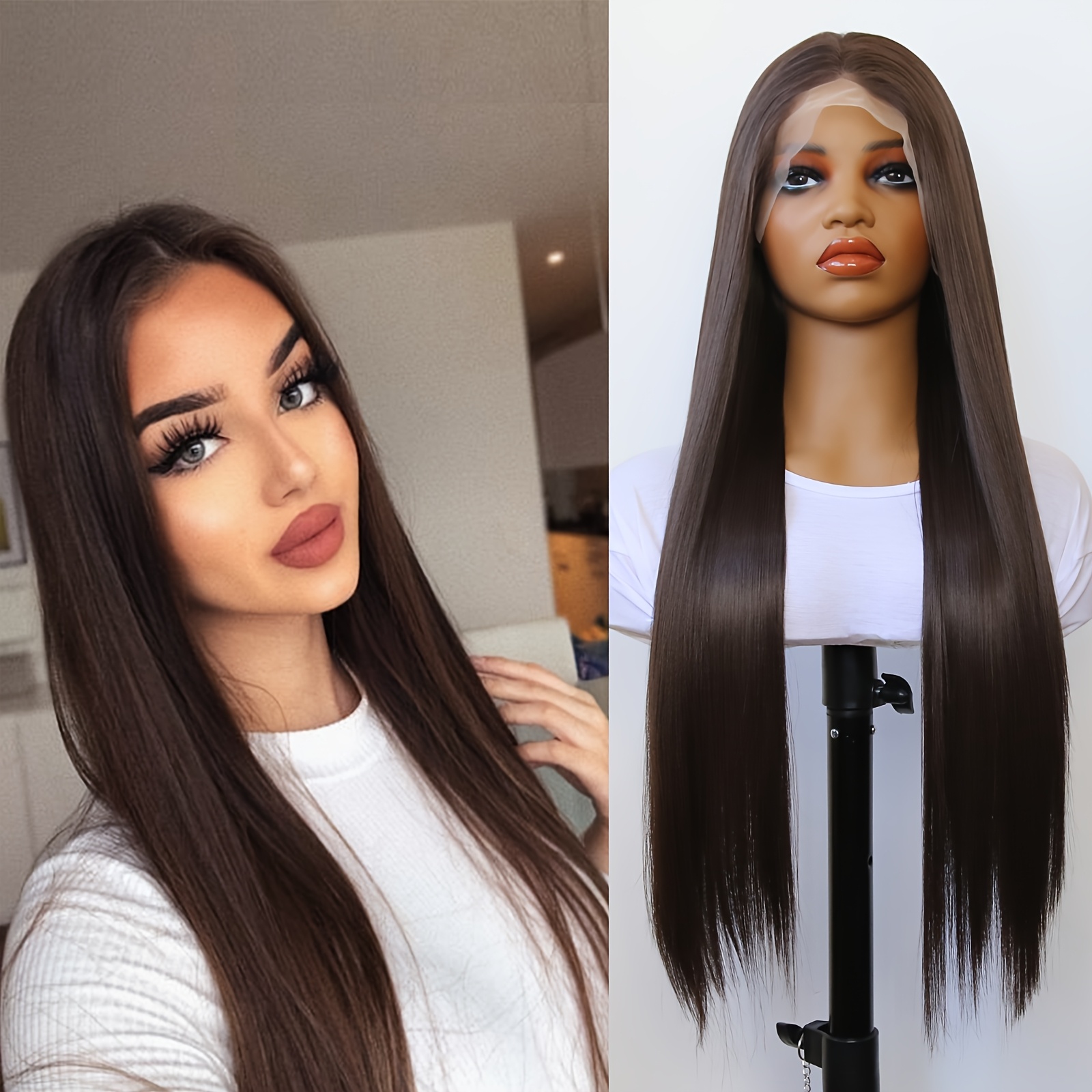 chocolate brown synthetic lace front wig long straight - Temu display picture 2