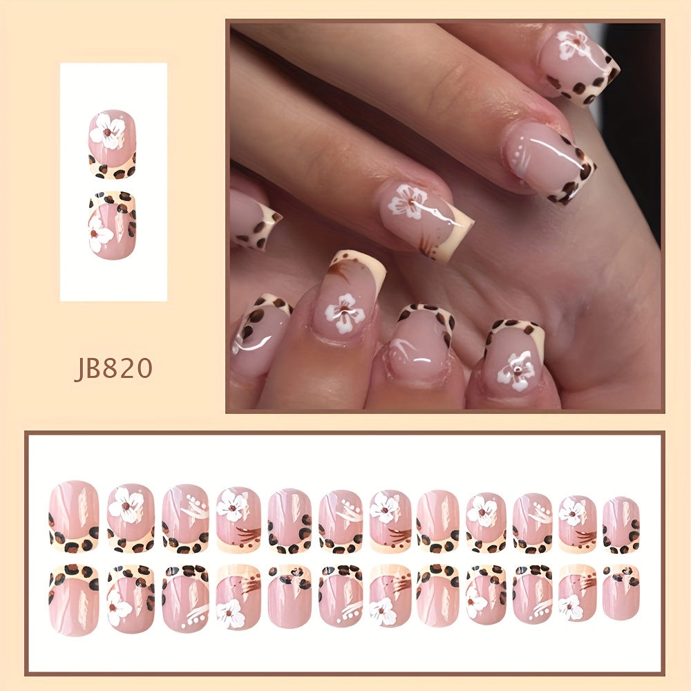 E-shop 24 Stück Kurze Quadratische Khaki Französischer Leopardenmuster Blumen Nagelsticker Tragbare Abnehmbare Aufdrück-Nägel