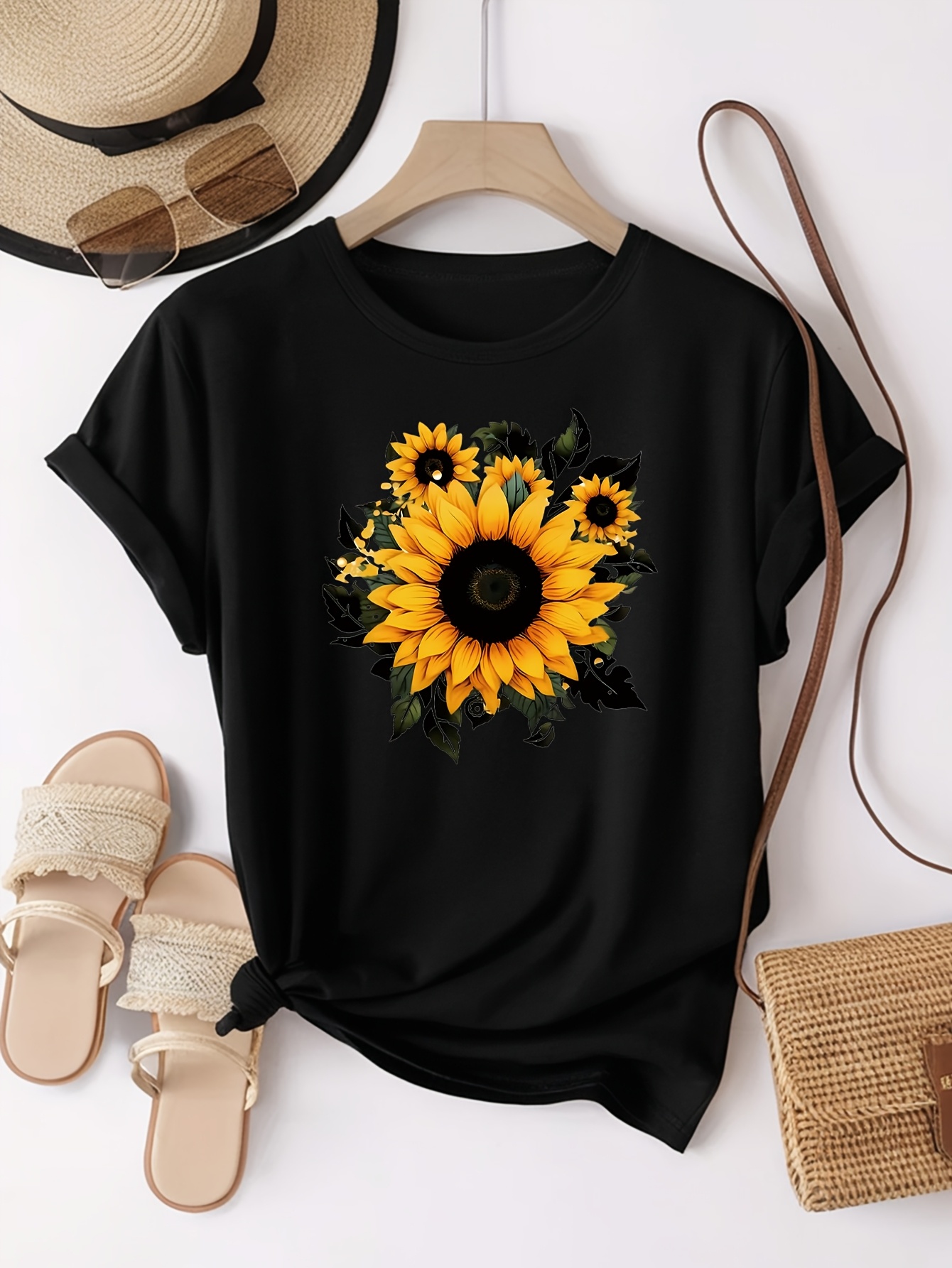 Women's Sunflower & Love Letter Graphic T-Shirt - Soft Cotton Blend Crewneck Tee, Beige, Size S