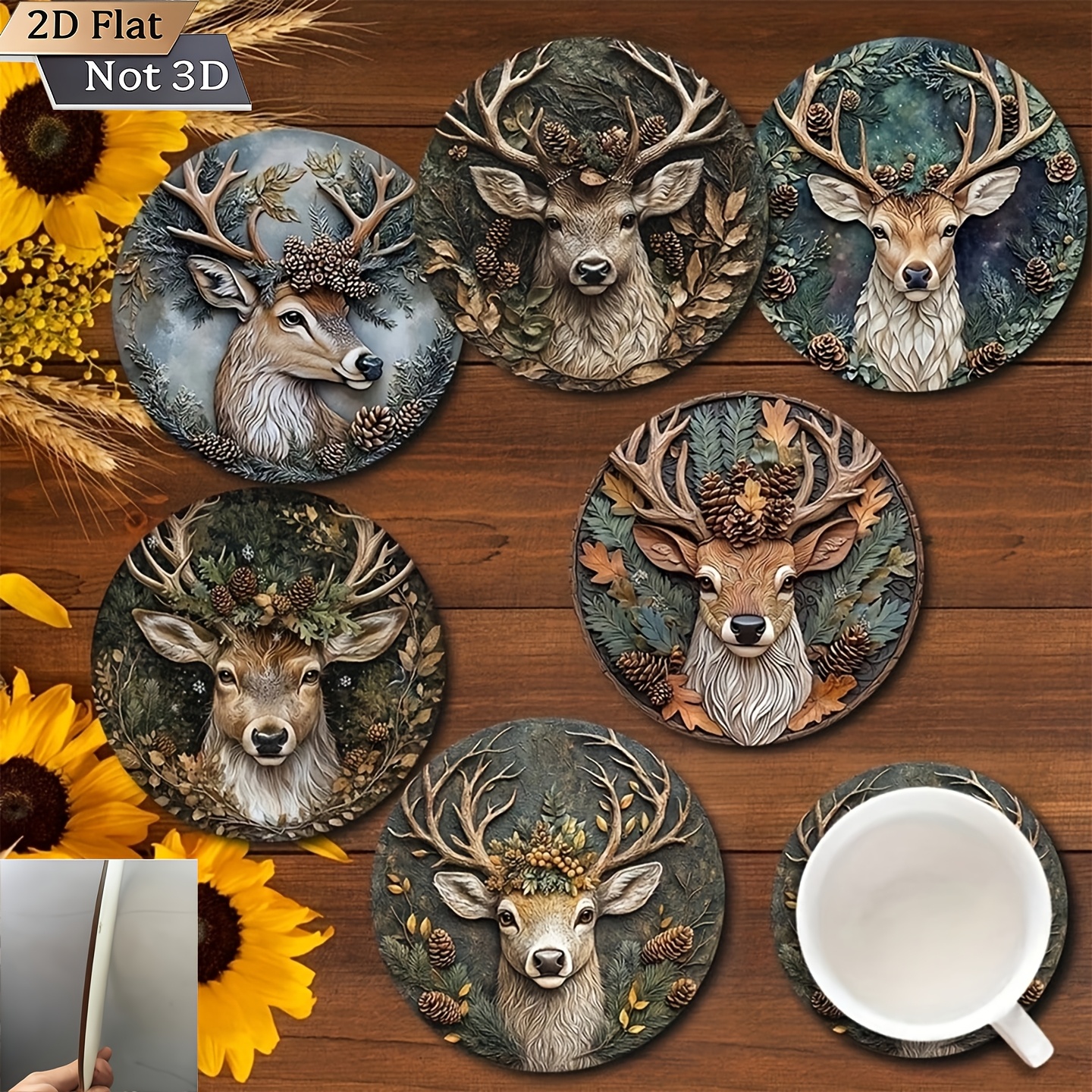 TEMU 6pcs Retro Wooden Coasters Set - 2d Printed Surreal Deer And Art Design, Ideal For Drinks, Coffee, And Tea - Perfect For Home, Bar, And