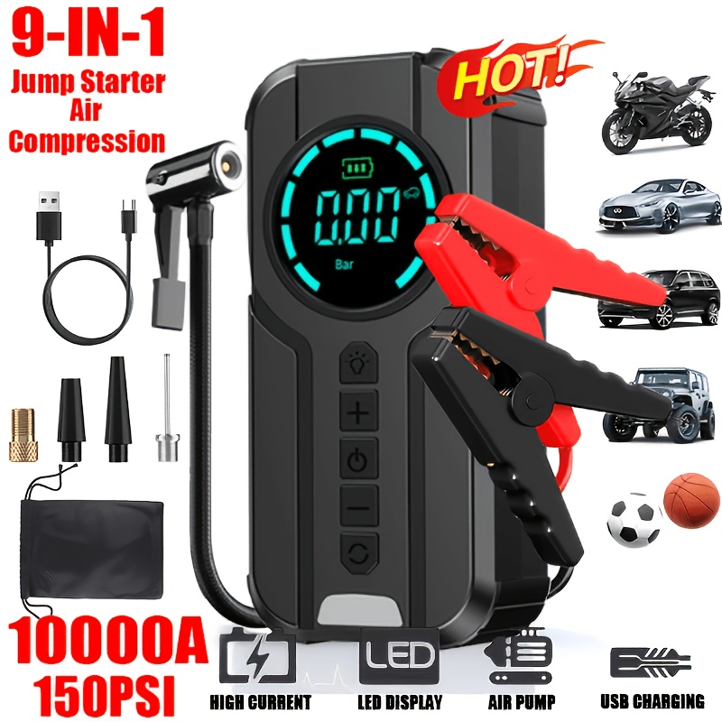TEMU Alimentatore di emergenza portatile da 10000A, dotato di pompa ad aria, caricatore per auto, alimentatore di avviamento con luce LED, ricarica