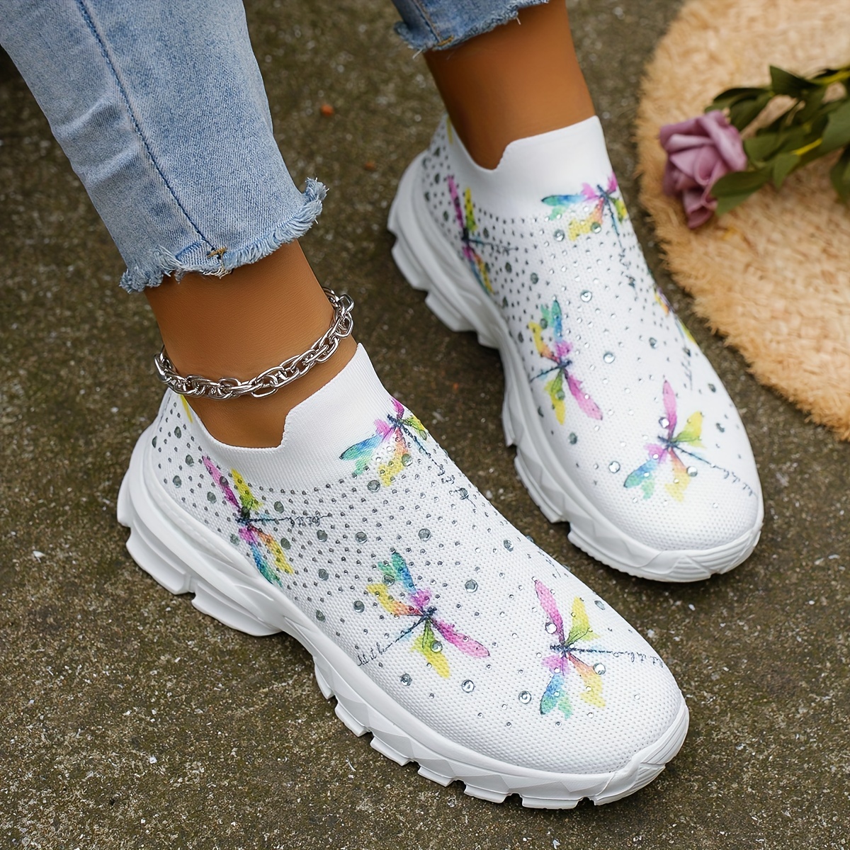 

Women's Dragonfly Pattern Sock Sneakers, Fashion Rhinestone Slip On Knitted Trainers, Breathable Walking Shoes