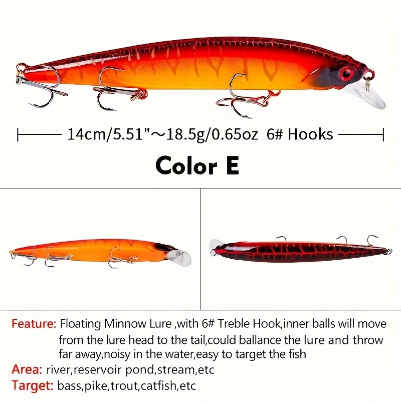 TEMU 1pc Realistic Minnow Artificial Hard Bait - Floating Design With #6 Treble Hooks, 14cm (5.51") Length & 18.5g Weight, Lifelike Wobbler Fishing