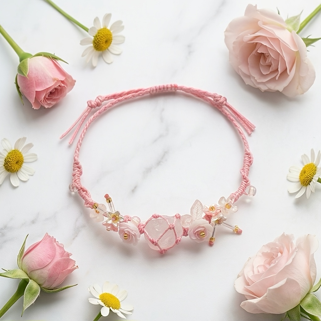 Crystal Handwoven Bracelet, Forest-Inspired Pink & White Design