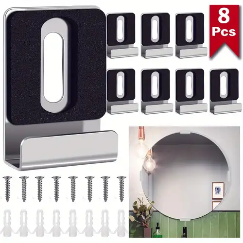 8-Piece Metal Mirror Clips Set, Mirror Hangers Metal with Screws Rubber Pads Mirror Clips Robust Mirror Suspension for Frameless Mounting Wall Tile Advertising Board Display (Silver 8-Piece Metal Mirror Clips Set, Mirror Hangers Metal with Screws Rubber Pads Mirror Clips Robust Mirror Suspension for Frameless Mounting Wall Tile Advertising Board Display (Silver