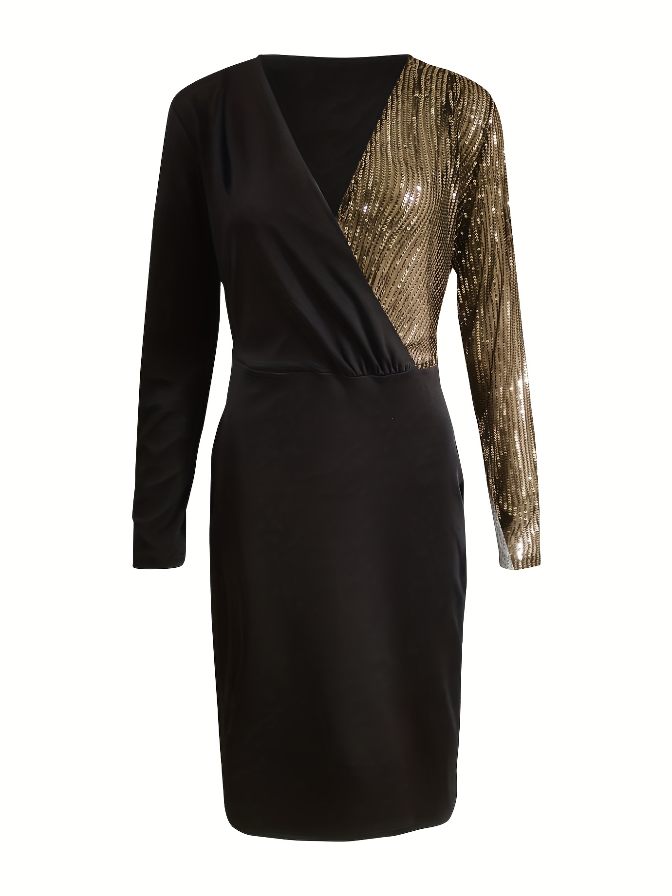 slim fit dress slacks The Ivanka Long Sleeved Gold Sequin Mini Belted Dress Black – ShopAA main image 1