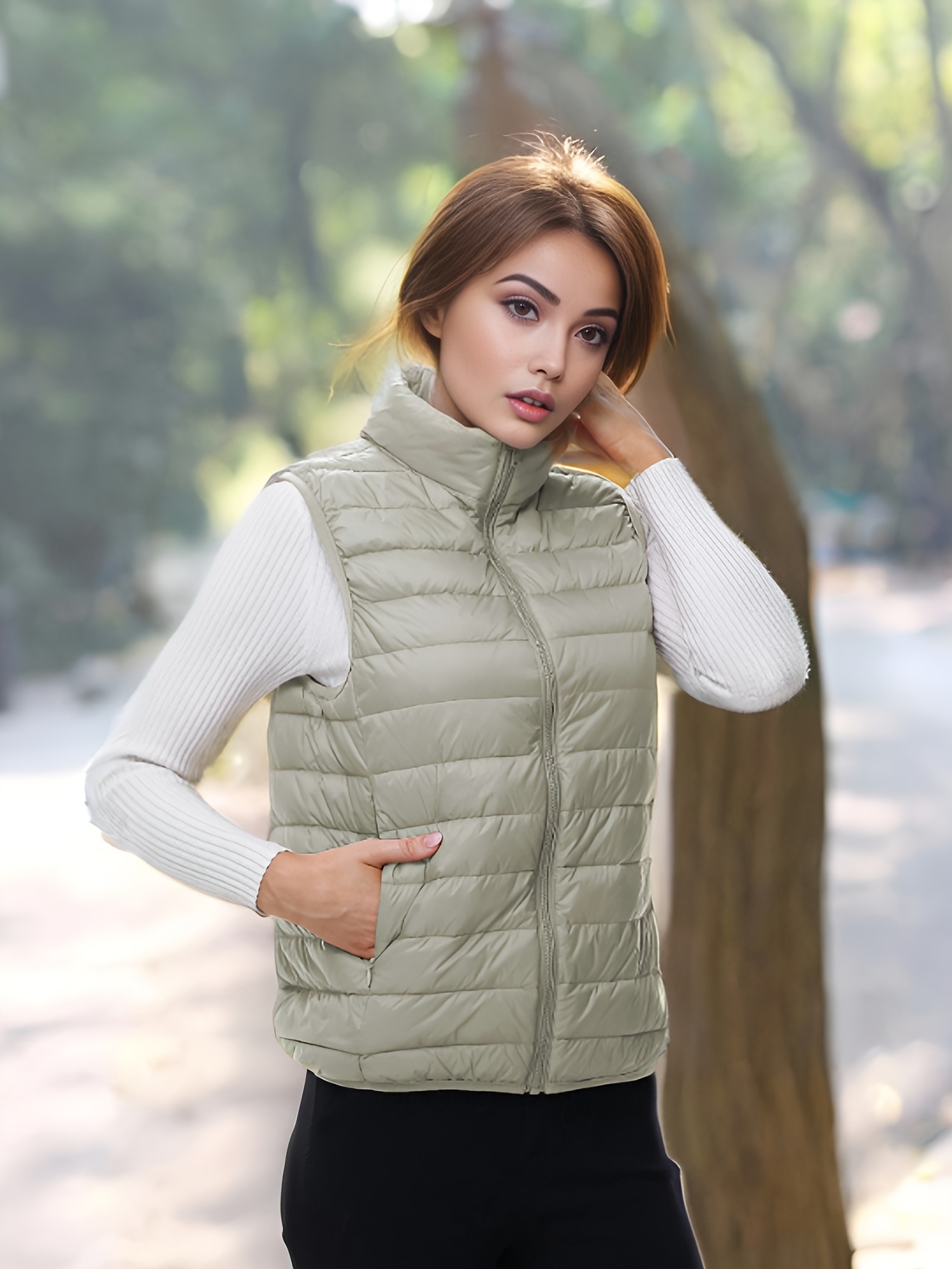 Women'S Stylish Purple Winter Puffer Vest with Stand Collar, Zipper Pockets  Casual, Comfortable Polyester Fabric, and Windproof Fall an