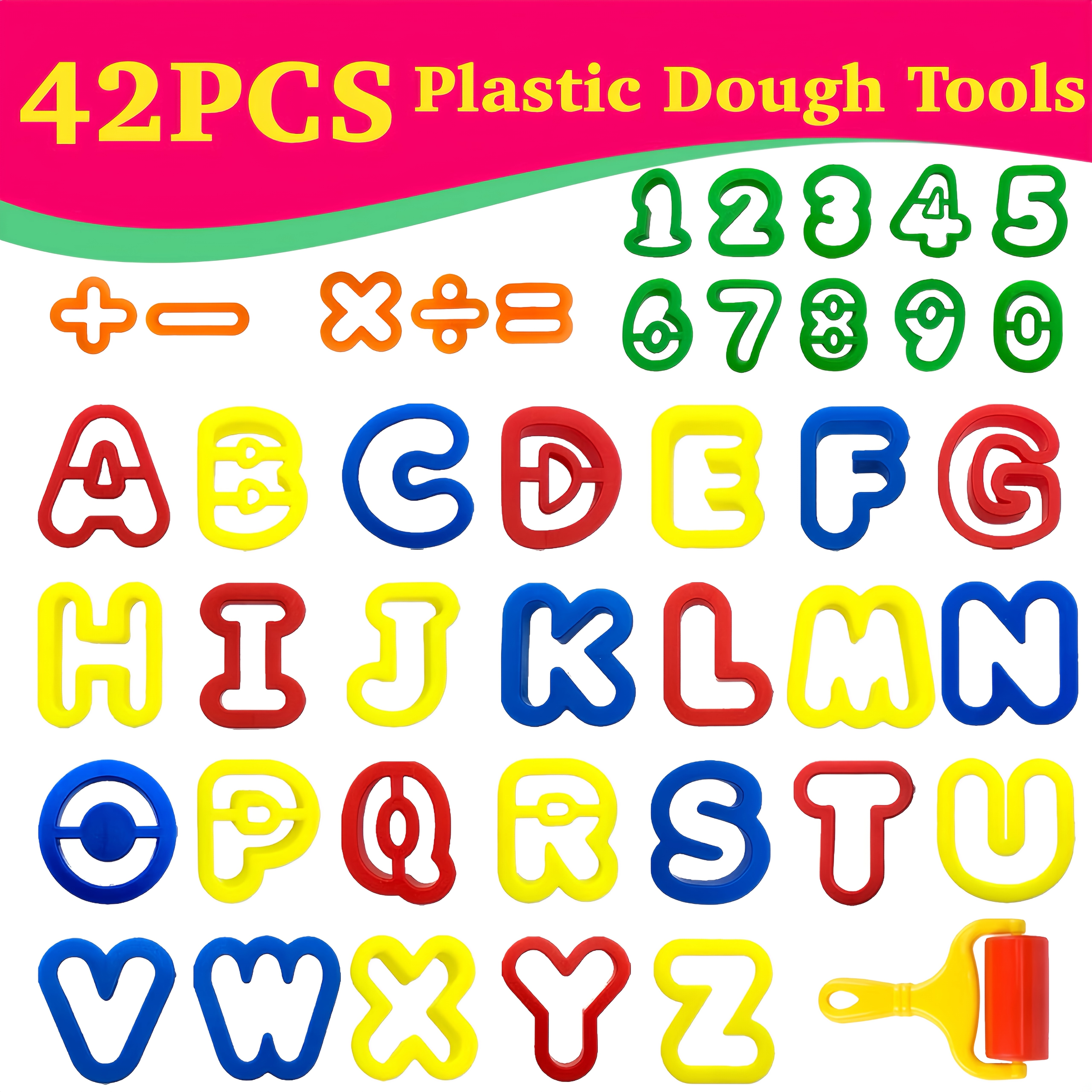 TEMU 42pcs Learning Clay Tool, Play Roller And Letter Mold & 0- Mold, Assorted Colors, Beginner-level Entry Tools For Early Learning, Creative