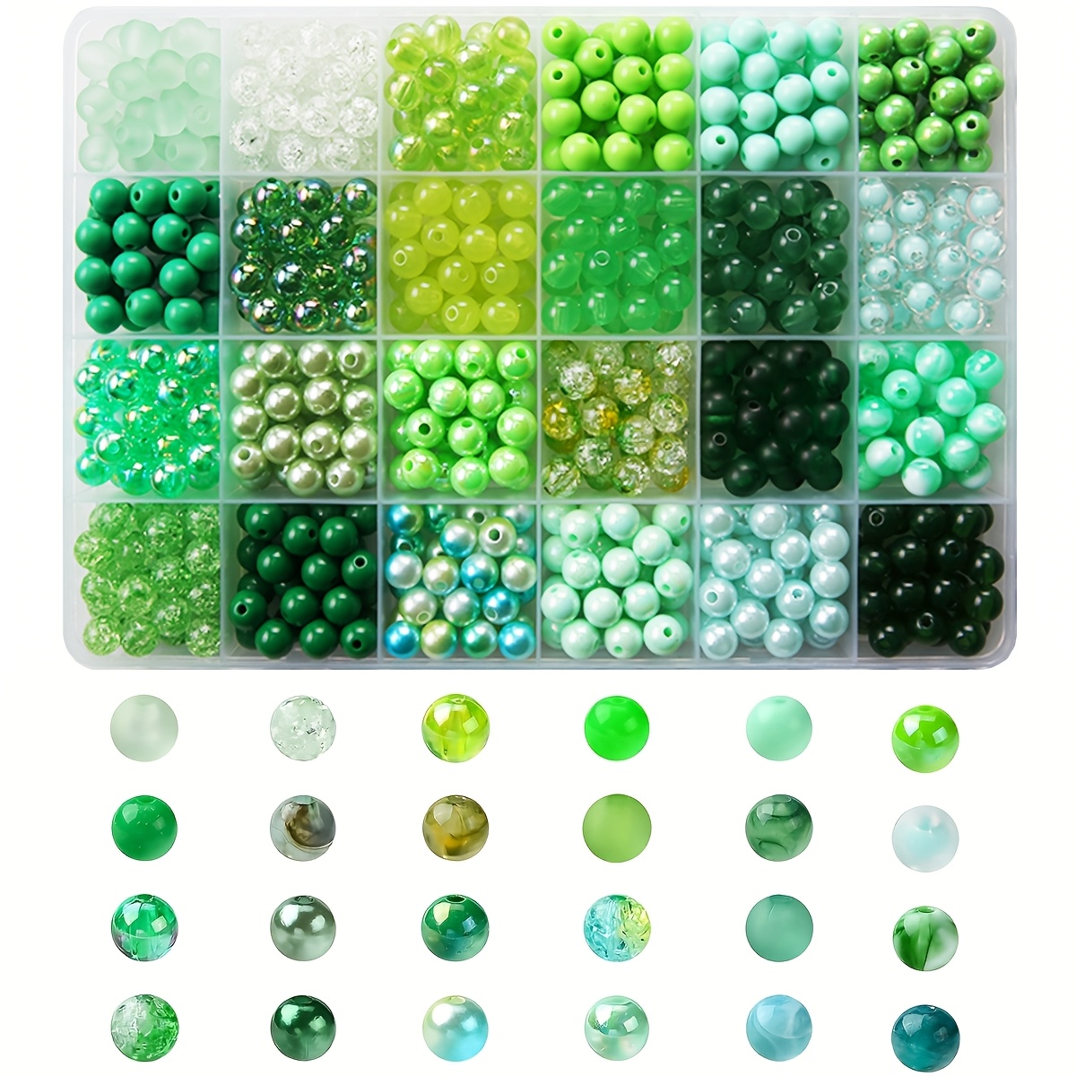 

480+pcs Green Mixed Style Round Acrylic Beads, 24 Colors, 8mm - Making Kit, Round Beads