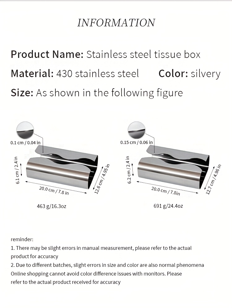 1pc 2pcsstainless steel tissue box napkin box face towel box polished     ideal for bathroom lounge living room   office use stylish design elegant metal texture   rectangular facial tissue holder Product details 1