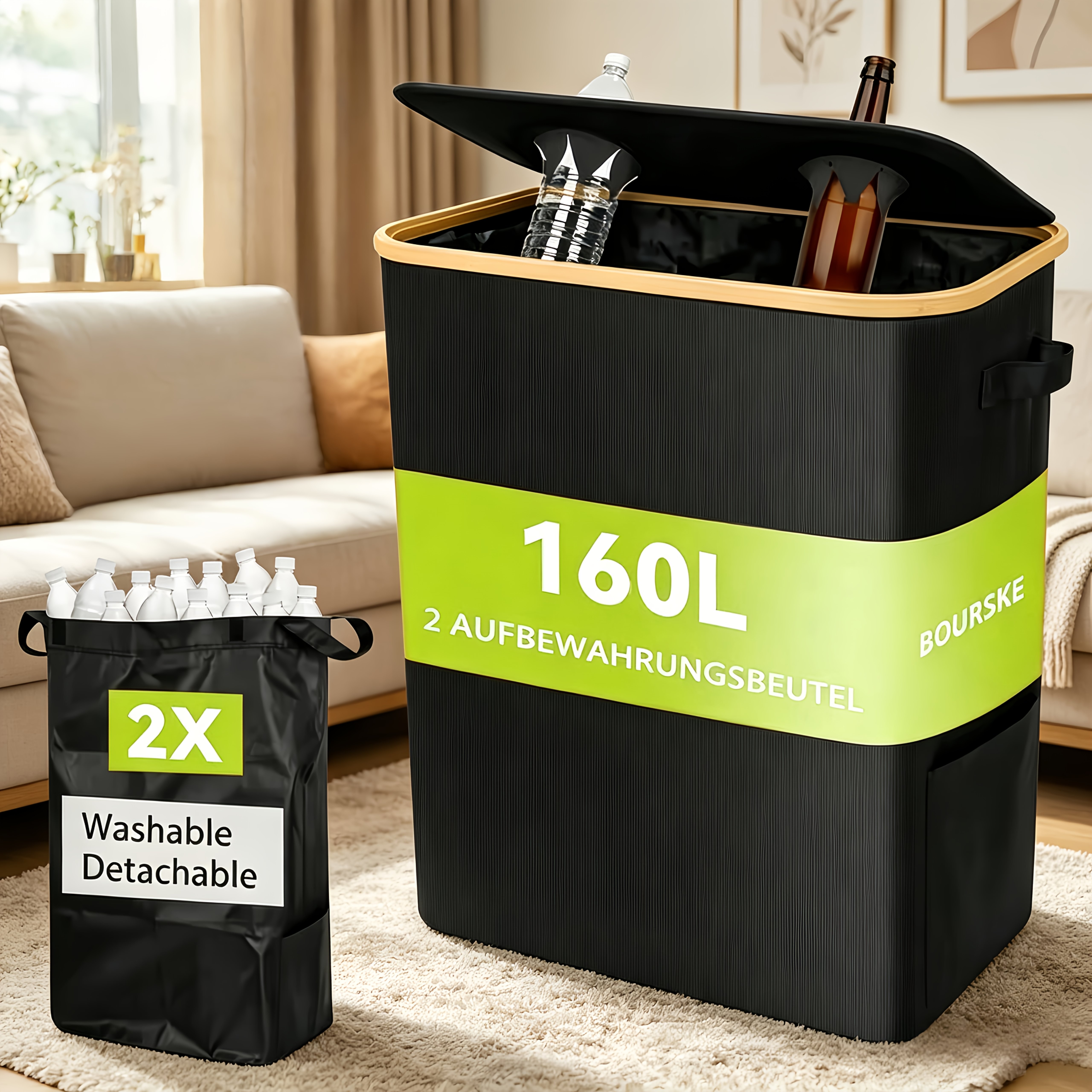 Public Area Trash Can With Lid And Handle, Includes 2 Detachable Bags And Labels. A Versatile Storage Basket Suitable For Storing Plastic Bottles, -, Burlap