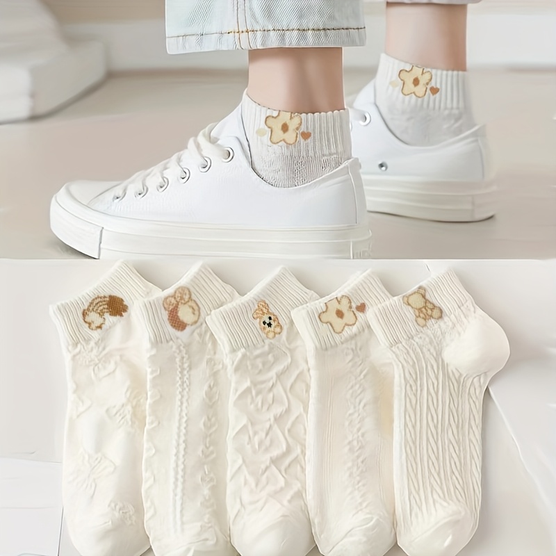 

5pcs Cute Teddy Bear Ankle Socks For All - Comfortable & Stylish, Polyester Blend With Elastane, Machine Washable, Casual Attire, Cute Socks