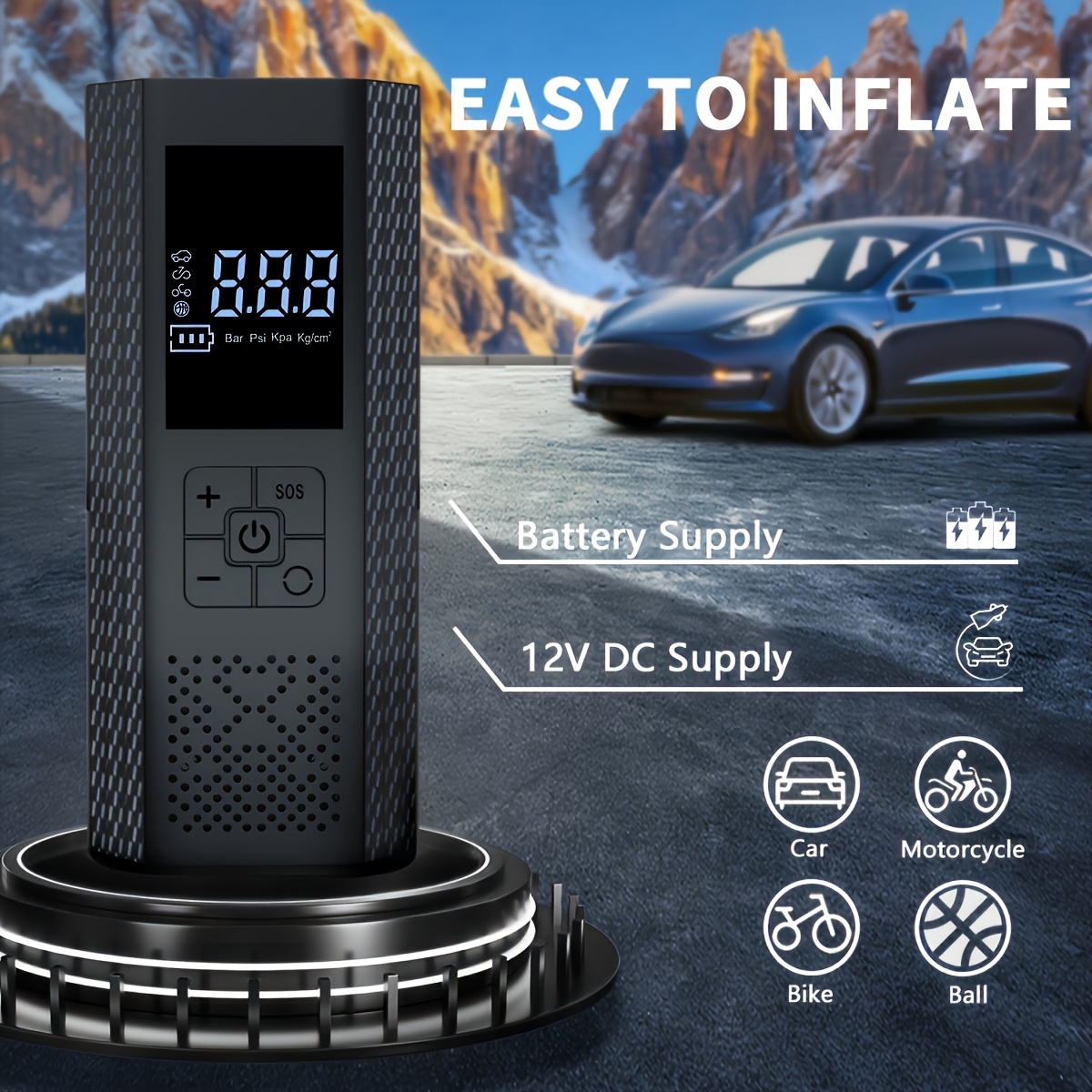 مضخة هواء محمولة 150psi مع مقياس ضغط وإضاءة led، مضخة لاسلكية ذكية سريعة بضغطة زر واحدة للسيارات والدراجات النارية والكرات والمزيد 7