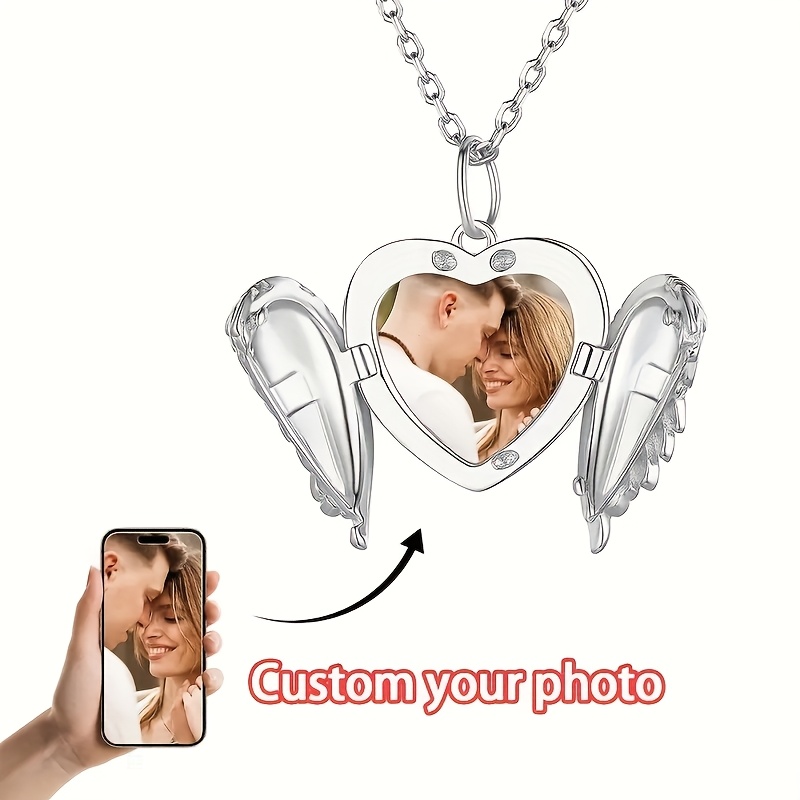 Custom Heart-shaped Photo Pendant Necklace, Openable Wing-shaped Necklace, Wife Gift Valentine's Day Jewelry, Customized Engraved Personalized Mother Necklace, Christmas Romantic Gift