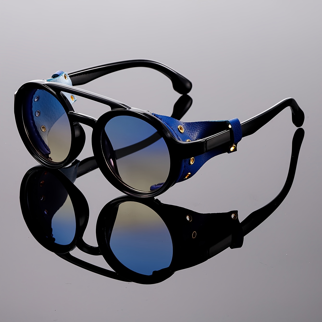 

1pc Lunettes à double pont en polycarbonate avec monture ronde en PC Steampunk, noir, dégradé multicolore, avec boucle en cuir, pour femmes, street snap, tenue de fête, randonnée