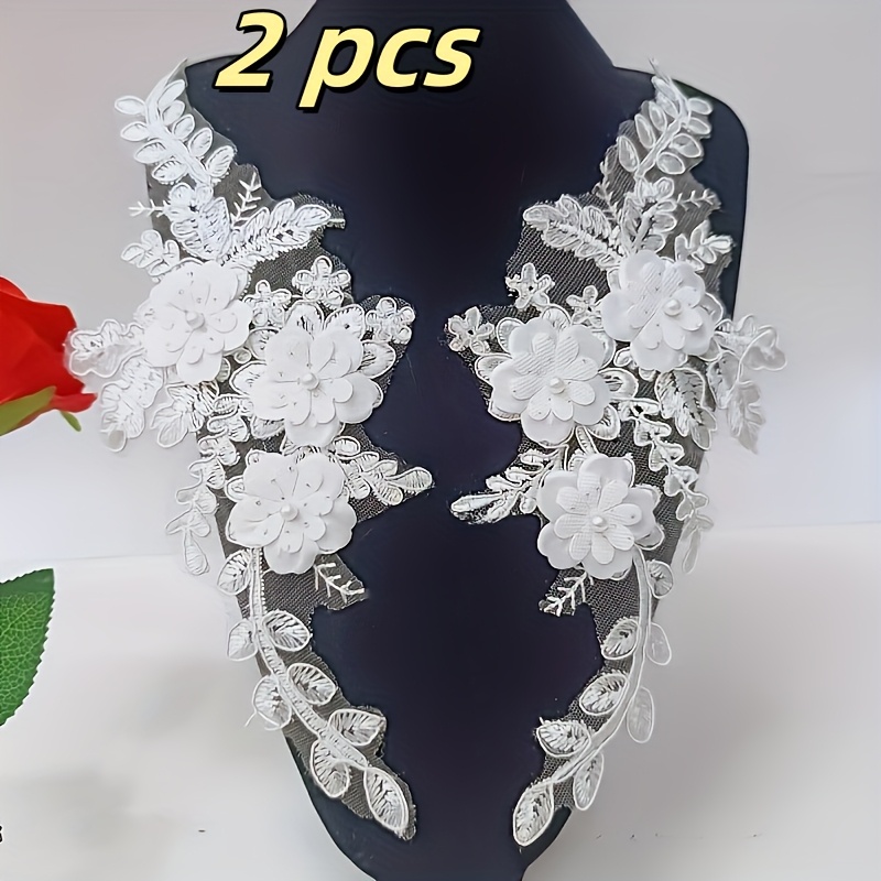 Image of 2pcs Beaded 3d Stereoscopic Flowers And Leaves Lace, Wedding Dress Headscarf Accessory, Handmade Sewing Supplies