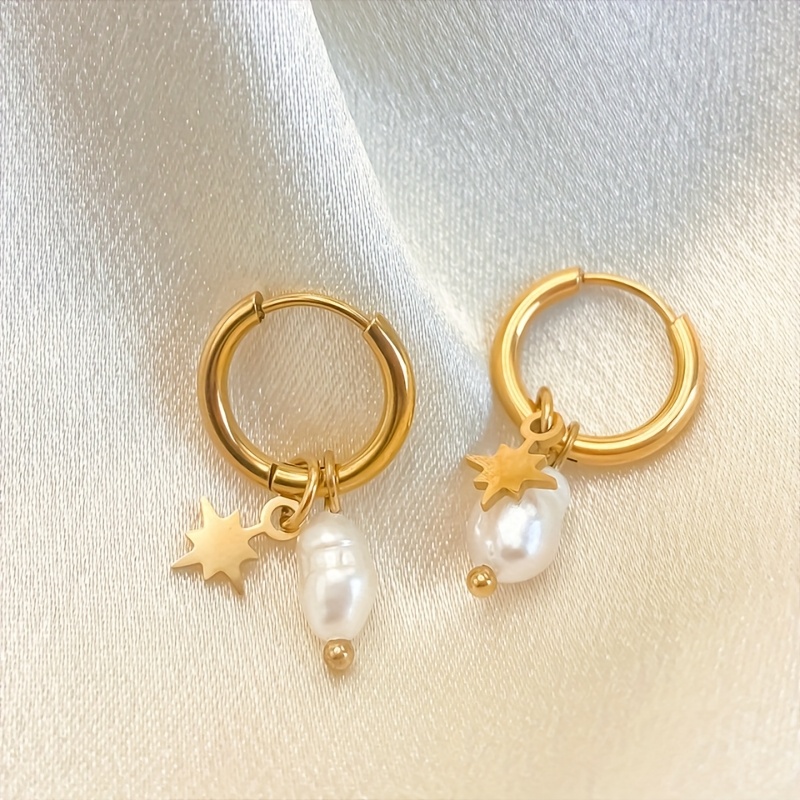Image of 1pairs Sweet Stainless Steel Earrings Korean Version Natural Freshwater Star Pendant Earrings Niche Design Elegant Temperament Pearl Ear Clips Fashionable And Versatile Daily Best Friend Style