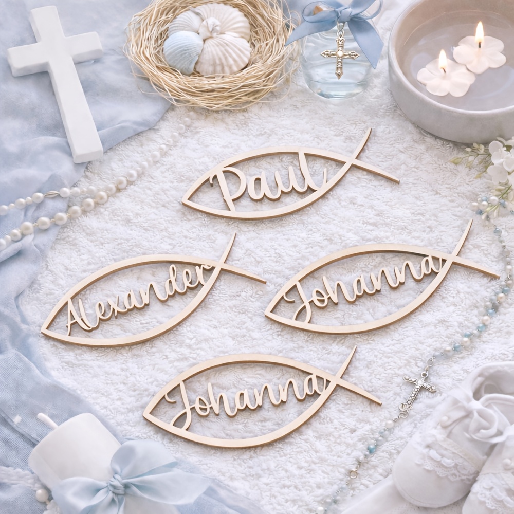 Image of 10/30/50pcs Personalized Baptism Seating Cards Laser Cut Custom Wooden Fish-shaped Guest Seat Signs Suitable For Weddings, Baptisms, Holy Communion, Confirmation