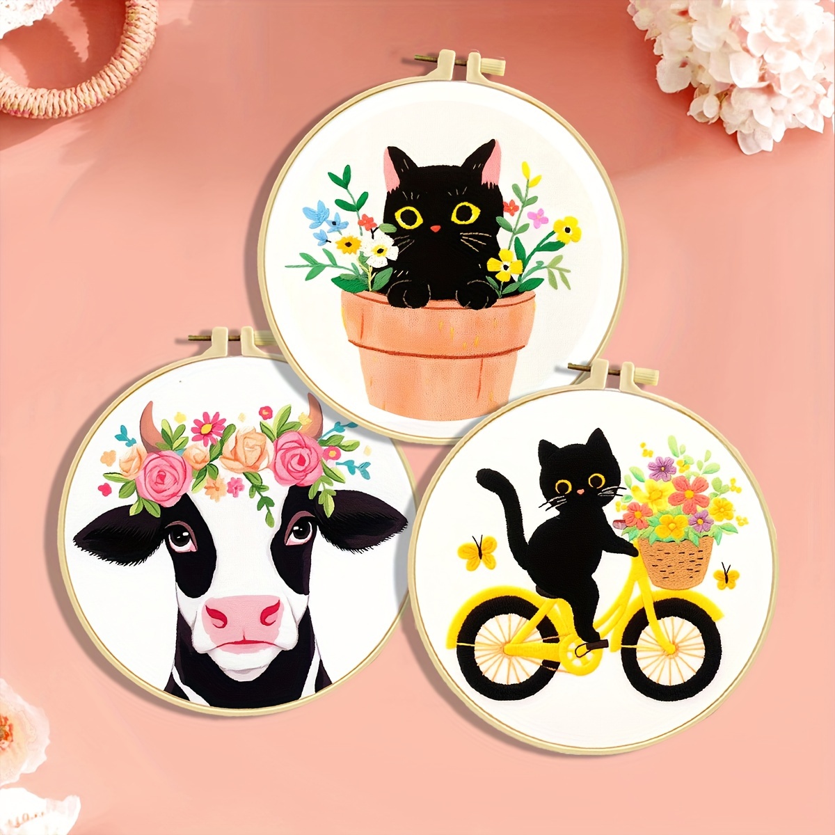 

1 Set Printed Stitch , Garland Cow Series Hand Embroidery Kit 11ct Medium Grid 3 Thread Embroidery Beginner Kit