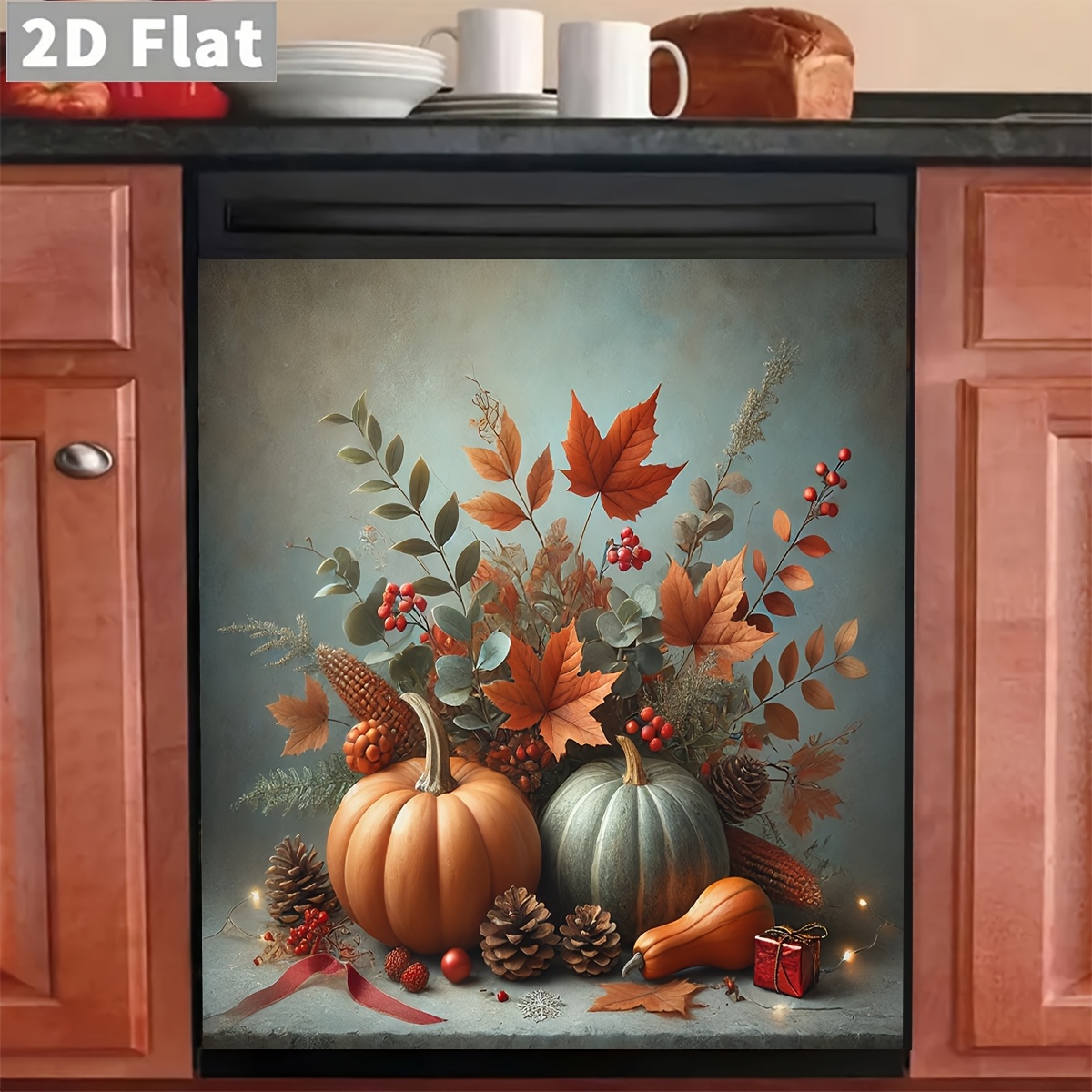 TEMU 1pc Self-adhesive Pumpkin Flower Dishwasher & Refrigerator Door Cover - Magnetic-free Suitable For Dishwasher/fridge, & Stick Application,