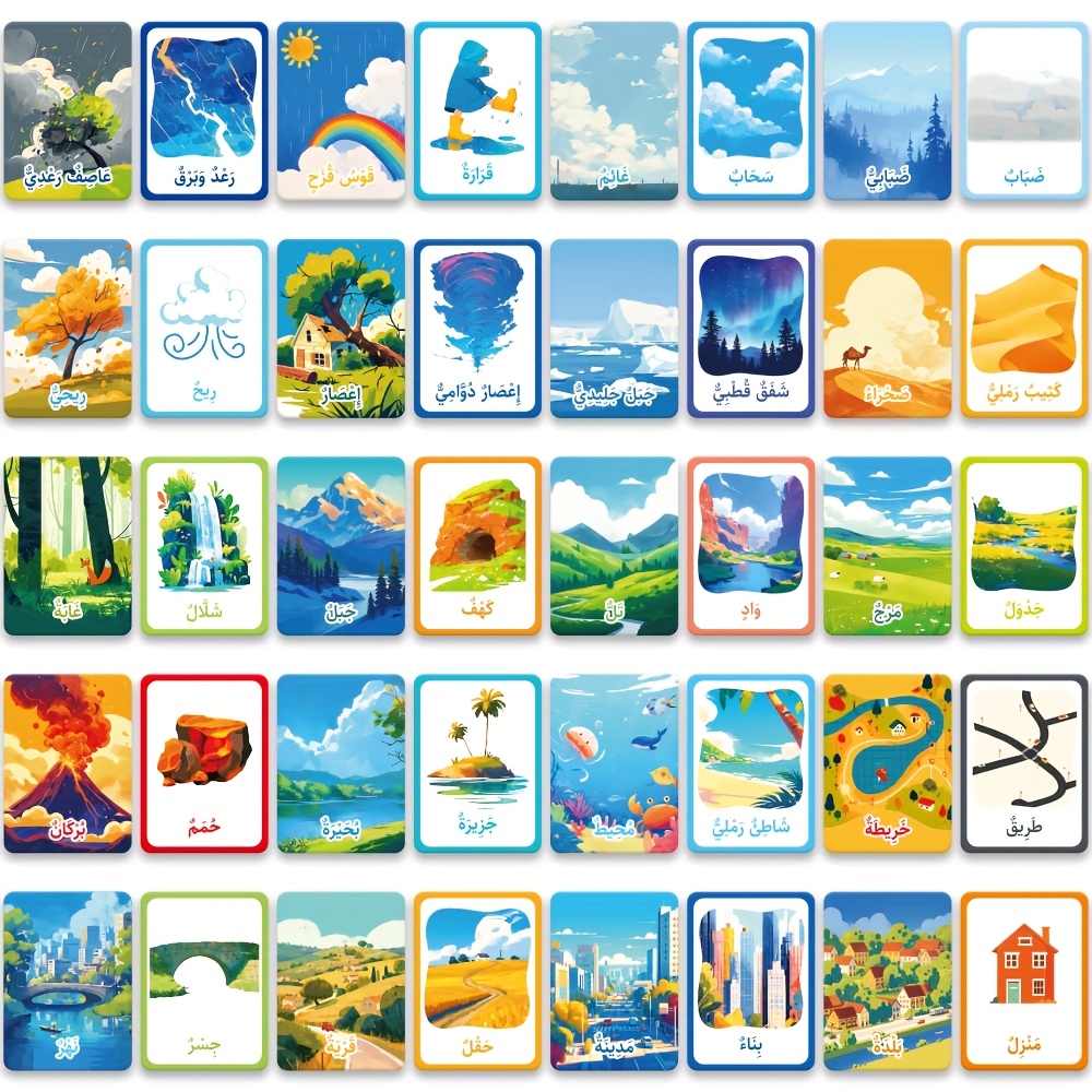 We Have 54 Arabic Study Cards Featuring Various Themes, Adorned with Lovely Cartoon Illustrations on Both Sides. They Provide Foundational Knowledge, Visual Engagement, And Are Perfect for Early Childhood English Education, As Well As Being Great Gifts for Birthdays And Ramadan.