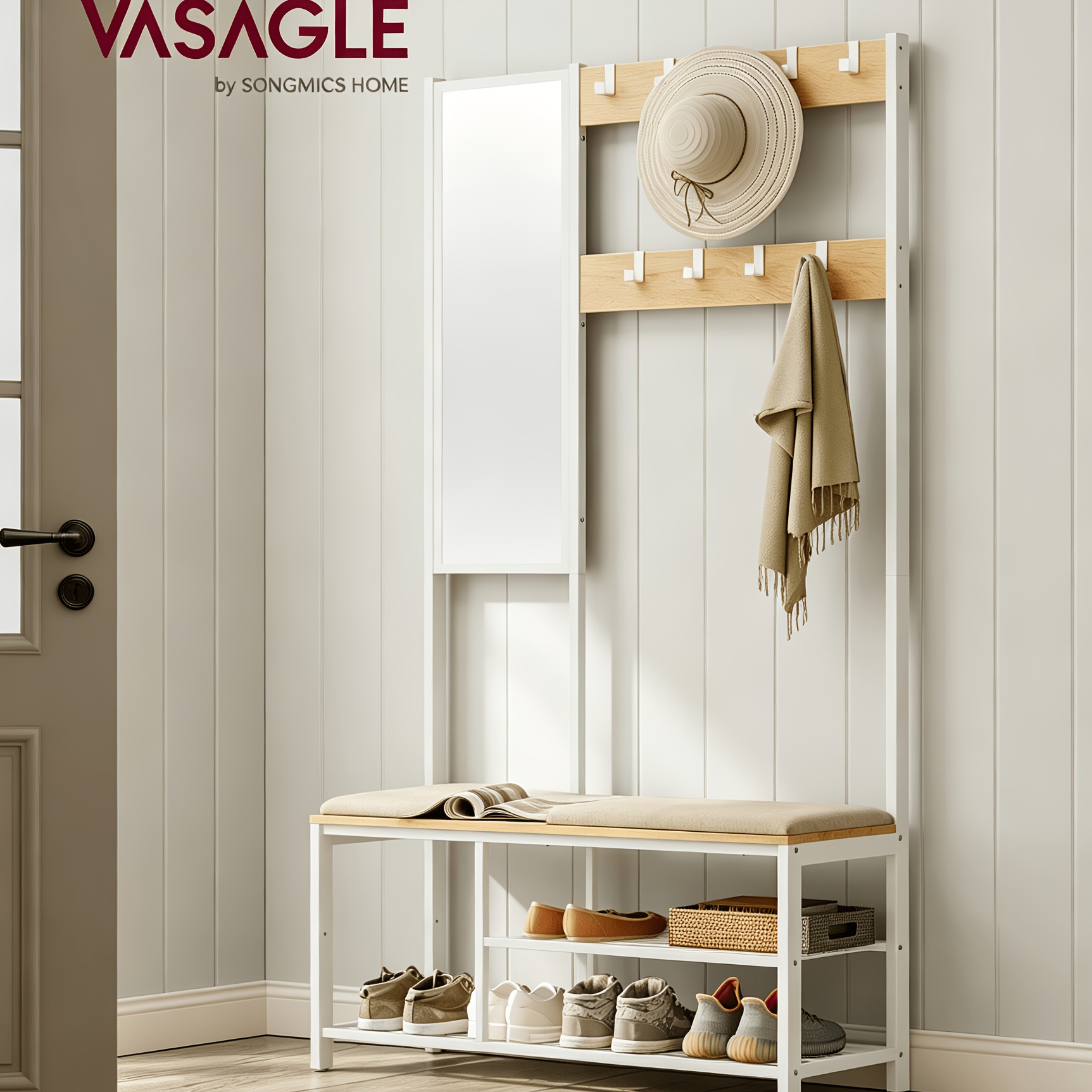 Image of Modern Industrial Hall Tree With Shoe Bench & Mirror - Oak & White Rack Stand, Multi-functional Entryway Furniture Suitable For Hallway, Living Room, Shoe Storage Shelves