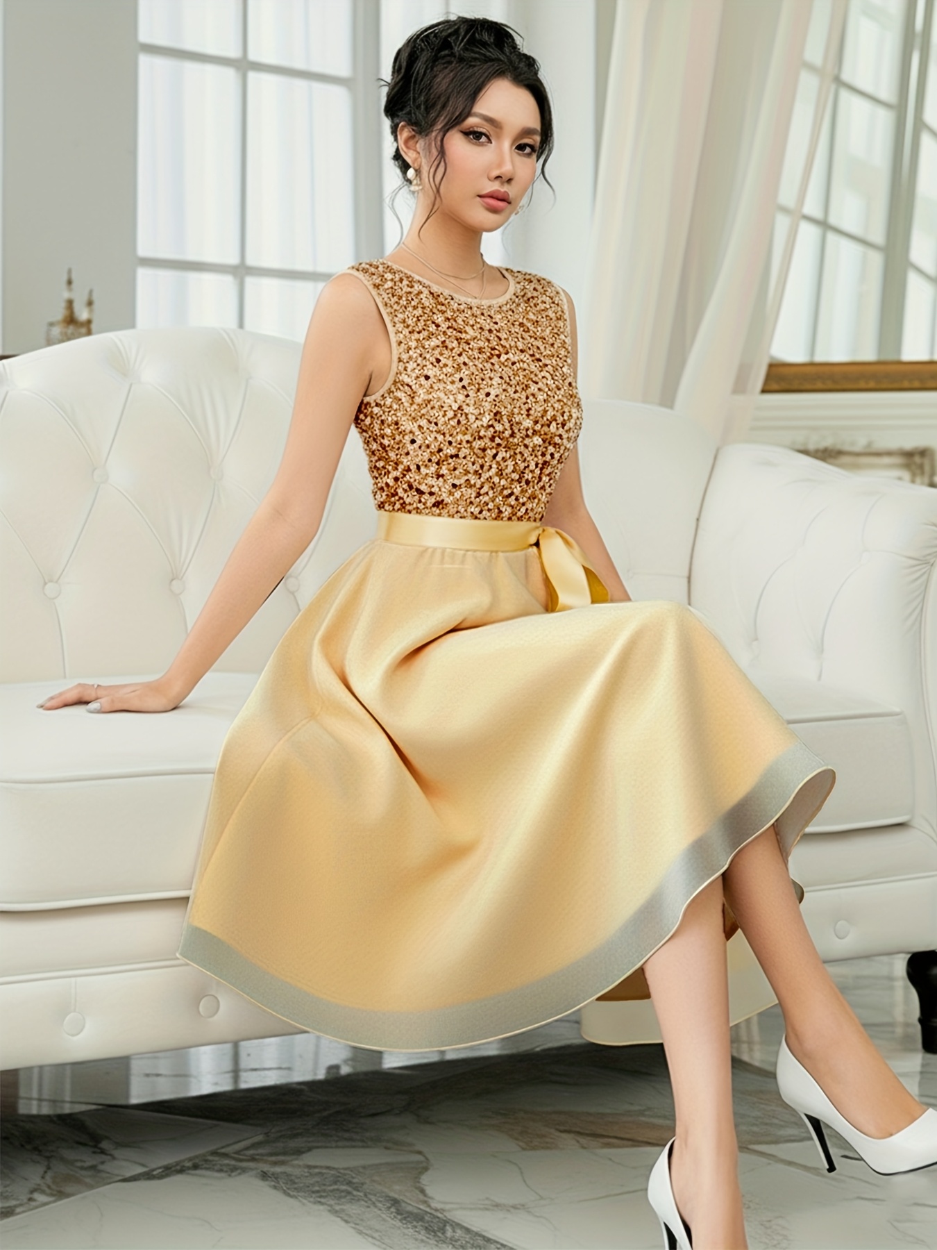 sachin and babi light blue dress ICHUANYI Women's Dress Crew Neck Gold Velvet Maxi Solid Color Dress Long  Sleeve Cocktail Party Dresses