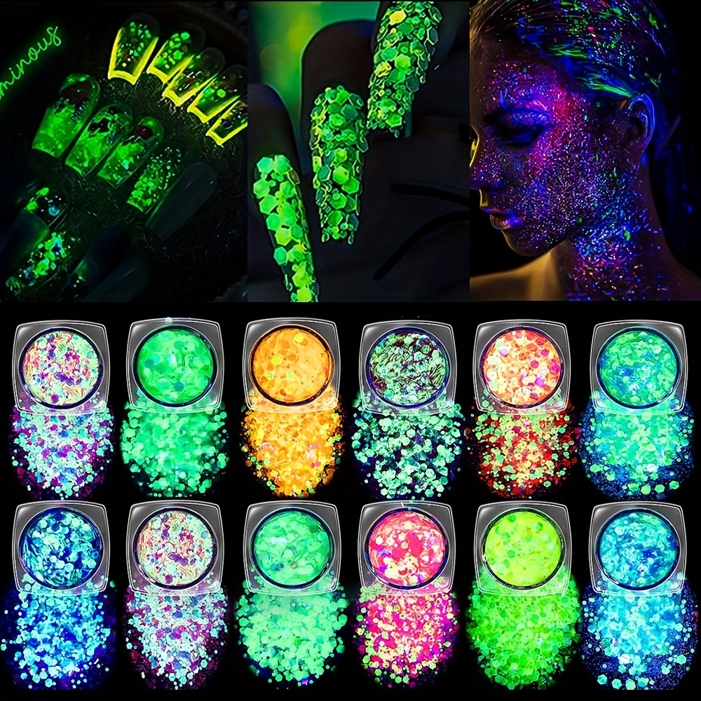 

12 Colors Glow In The Dark Uv Waterproof Glitter Gel - Chunky Glitter, Luminous Sequins For Body, Face, Hair, Eyes, Nails - Add A Sparkle To Any Project Carnival Party Halloween Mardi Gras Makeup