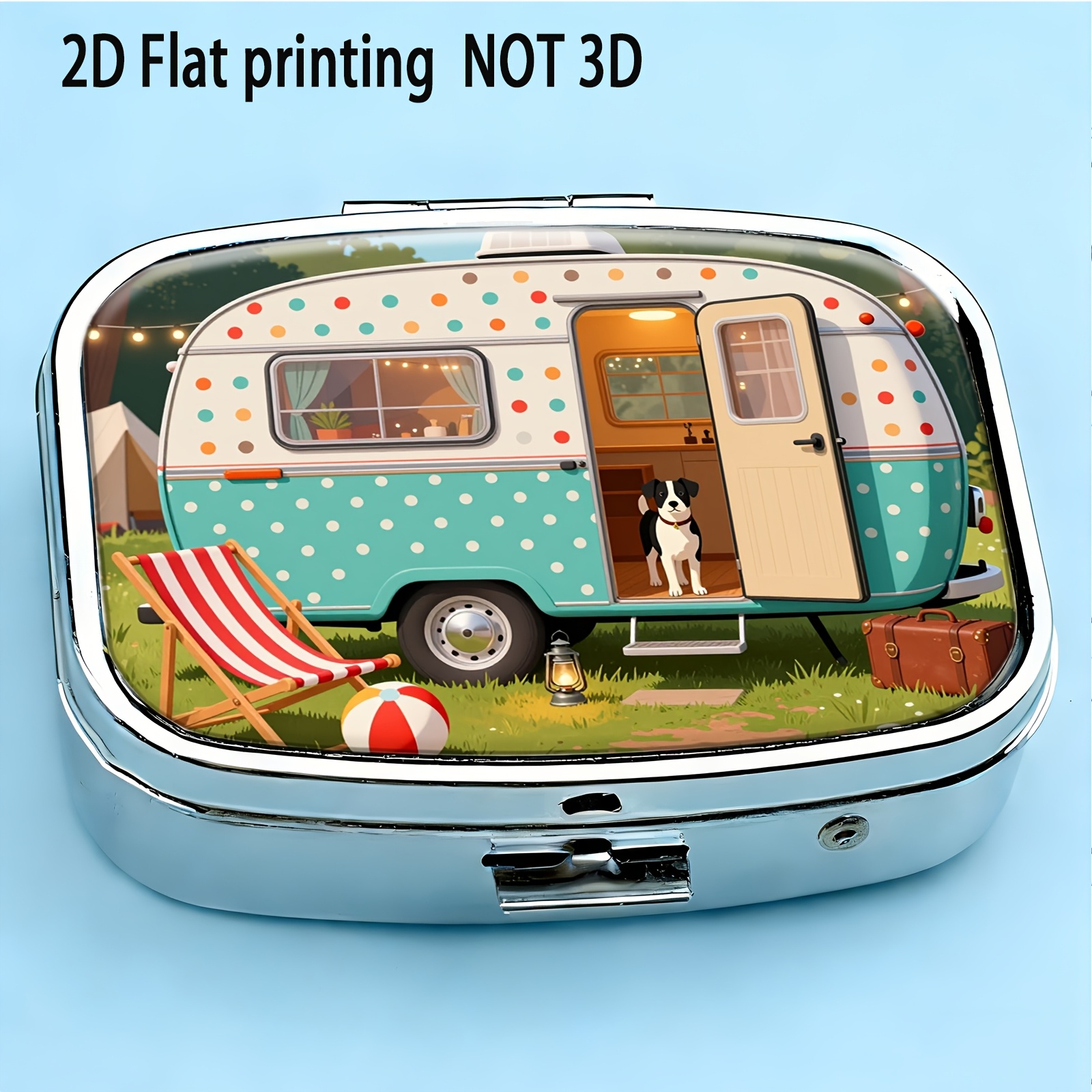 TEMU 1pc 2d Flat Printing Pill Box, Mint Green Van Seaside Vacation , / Portable / Metal Material / Practical Gift / Suitable For Various Occasions /