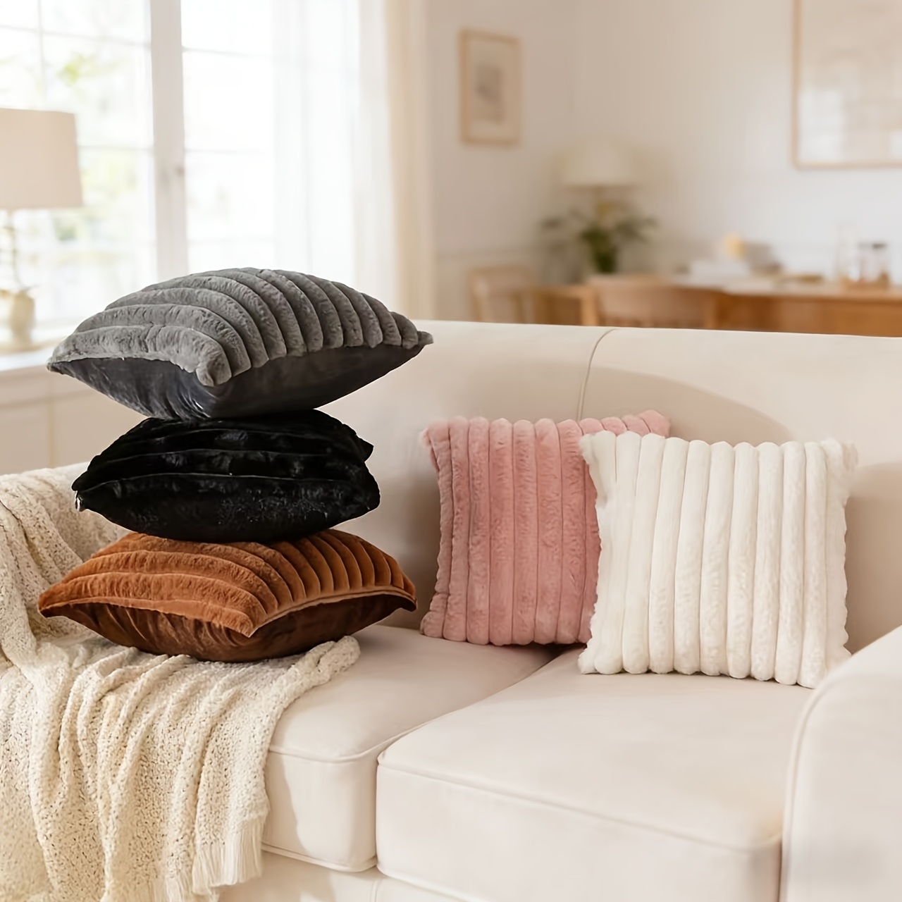 faux fur plush throw pillow covers set of 2 luxury soft fluffy striped decorative spring pillow covers for sofa couch living room