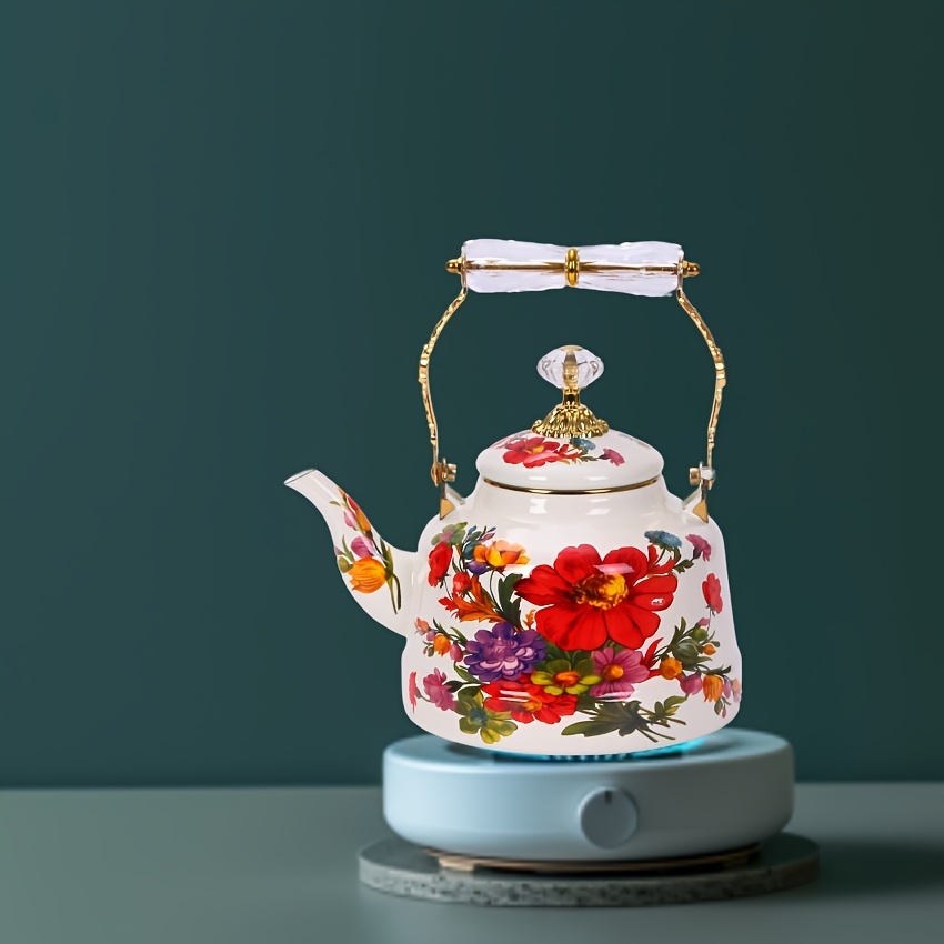 enamel tea kettle large capacity vintage   stovetop teapot with handle classic garden afternoon tea accessory traditional   non electric details 6