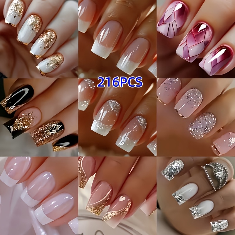Image of 216pcs Mid-length -color Fake Nails, Removable False Nails, Press-on Nails, , Women's Nails, Durable Nails, Fashionable , Y2k Nails, Suitable For Women, For Daily, Date, And Party Occasions