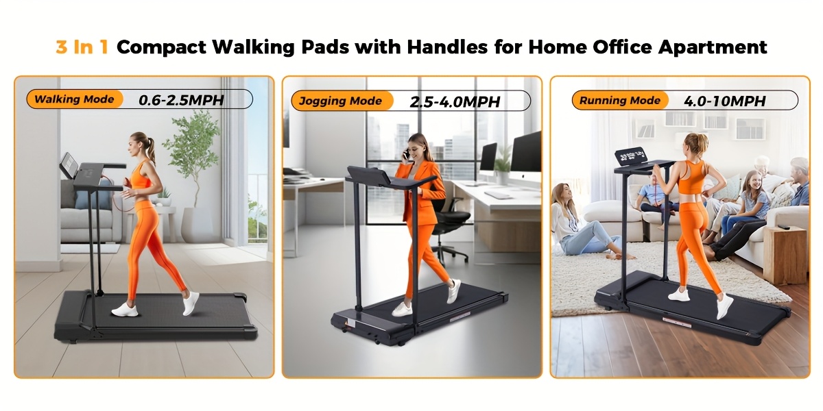 Treadmill With Handles, Small Treadmills Home, Portable Electric Treadmills For Home 400Lbs Capacity, Walking Pad Treadmill, Lightweight Folding Foldable Walking Pad With LED Display, Without Battery