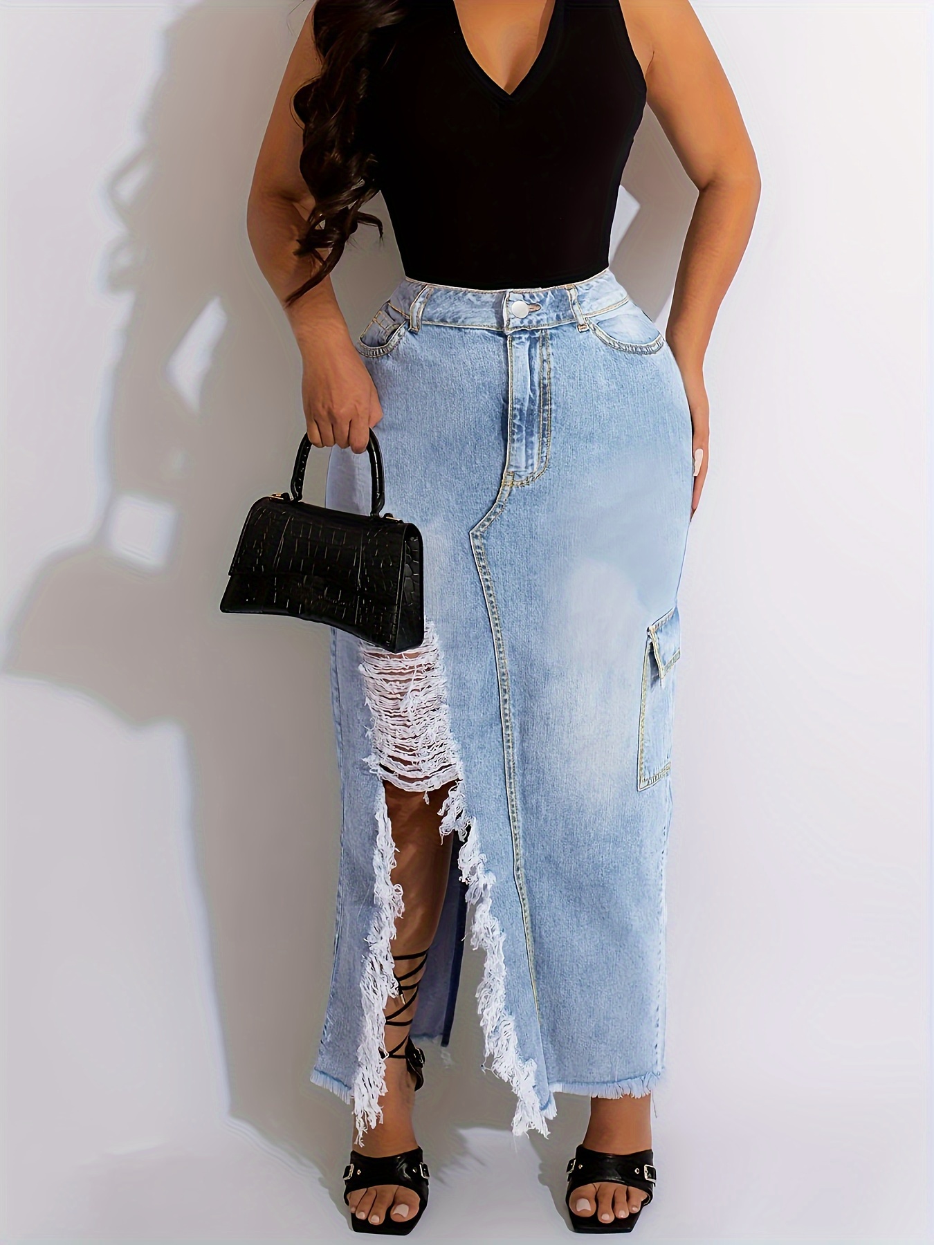 Falda Vaquera de Pierna Ancha para Mujer con Cintura Dobladillo Plisado  en A y Irregular Largo