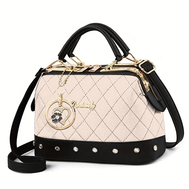 Black Quilted Boston Bag with Golden