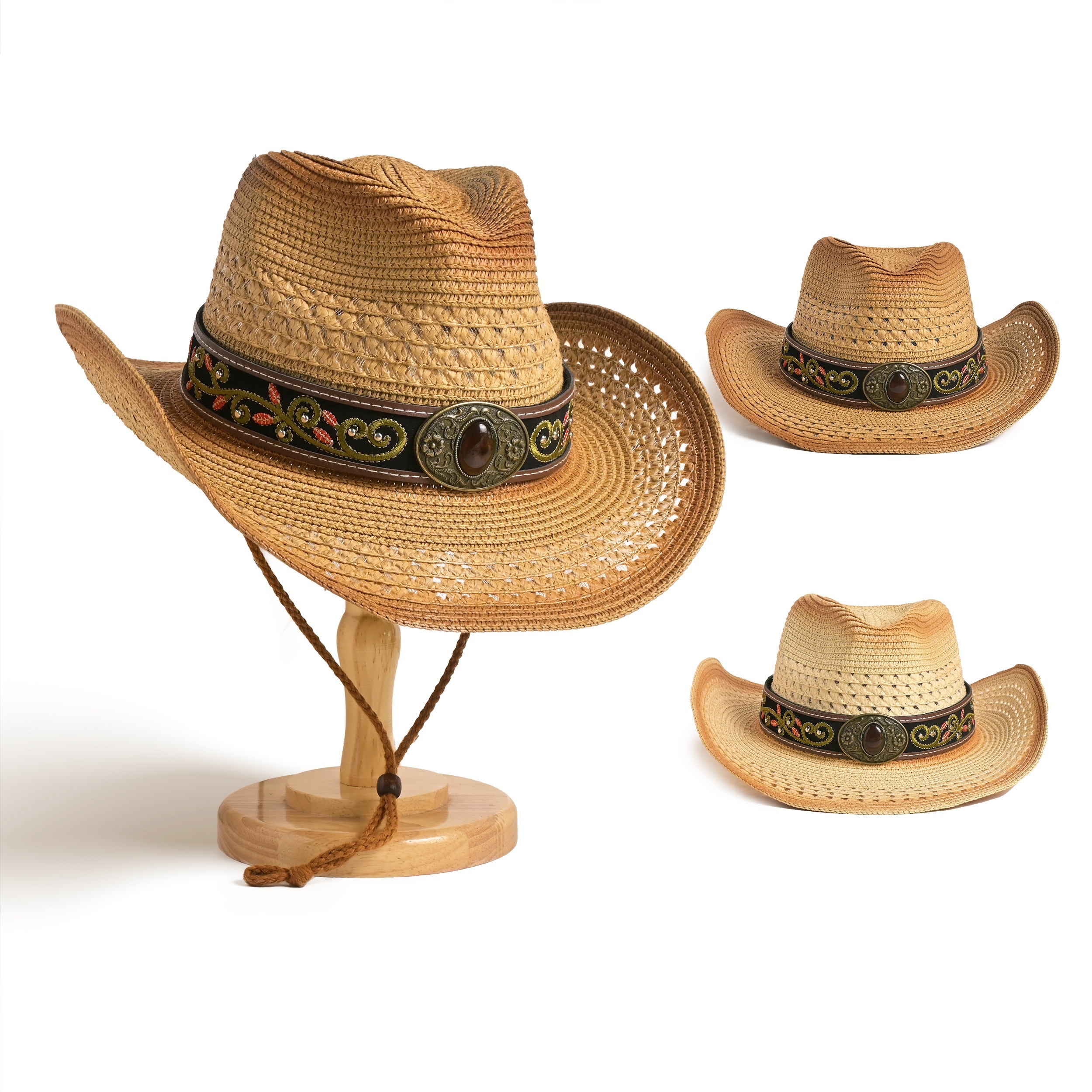 

Vintage Gemstone Embroidered Cowboy Hat - Breathable Straw Sun Hat For Men & Women, Perfect For Beach & Outdoor Activities Beach Hats For Women Straw Hats For Women