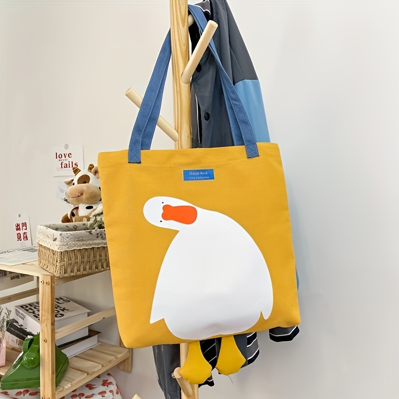 TEMU Creative 3d Cartoon Duck Canvas Tote Bag, Large Capacity Shoulder Bag, Fun Duck Pattern Canvas Handbag, Suitable For School, Work, And Vacations