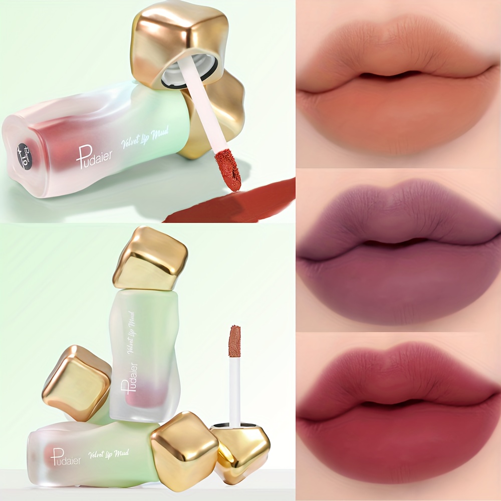 Pudaier Matte Lip Gloss - Long-Lasting High Quality & Non-Sticky Formula, Moisturizing Lip Tint with Golden Cap & Applicator Brush-like Tip, Easy Application, Matte Finish Lip Color for All Light Beige Types (Burgundy/Pink/Red Shades) - Wet/Dry Use, Sensitive Light Beige Safe, Adult Women's Beauty Product, Glossy Tube Packaging, Creamy Texture, Matte Lip Gloss for Everyday & Formal Events, Mini Lip Gloss, Water Lip Tint