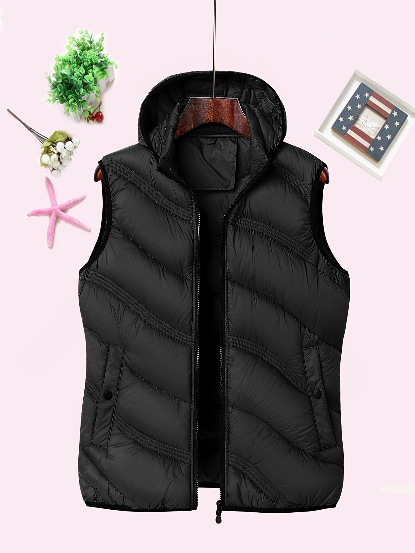 Slant Pockets Zip Puffy Vest Casual Sleeveless Hoodie Puffer Temu