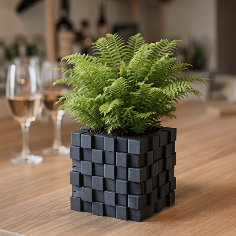 3d Printed Flower Pot Modern Geometric Planter Desktop Succulent Plant Pot Minimalist Square Vase Decor For Office Desk Window Sill Bookshelf Coffee Table Indoor Plants Holder Unique Gift