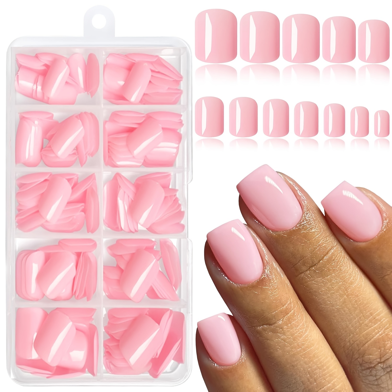 TEMU 240 uñas postizas cuadradas cortas de color rosa para mujer - Uñas prehechas brillantes de presión de corta, aplicación DIY para fiestas, , uso