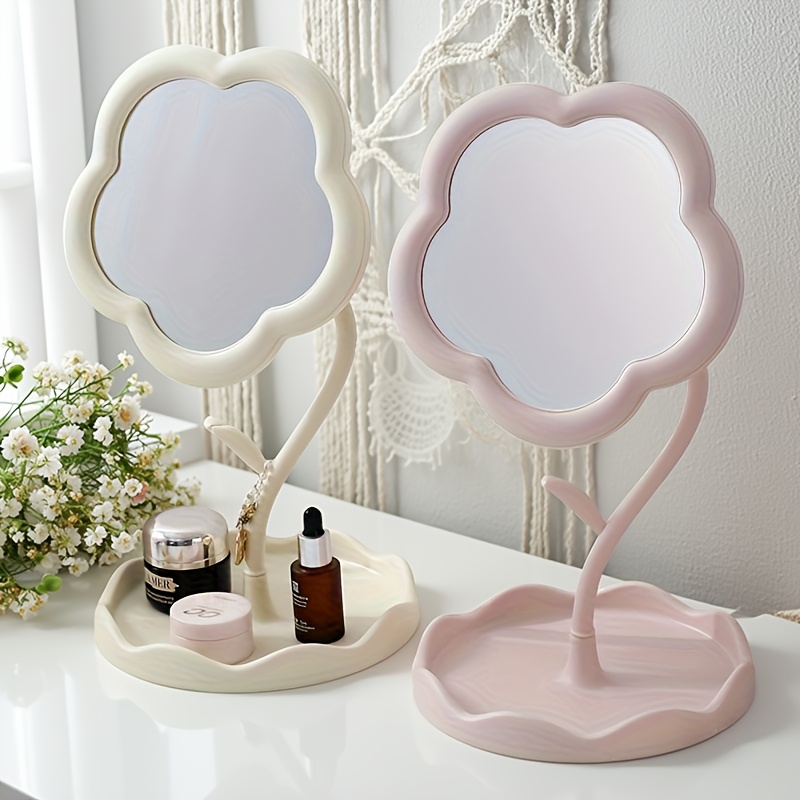1pc Cute Flower-Shaped Compact Makeup Mirror, DIY Assembled Small Handheld Vanity Mirror with Stand, 7.87" Height, 4.33" Mirror Width, Ideal for Youngsters' Vanity Table and Jewelry Display, Beauty Essentials | Playful Design | Plastic Frame, Flower Decor