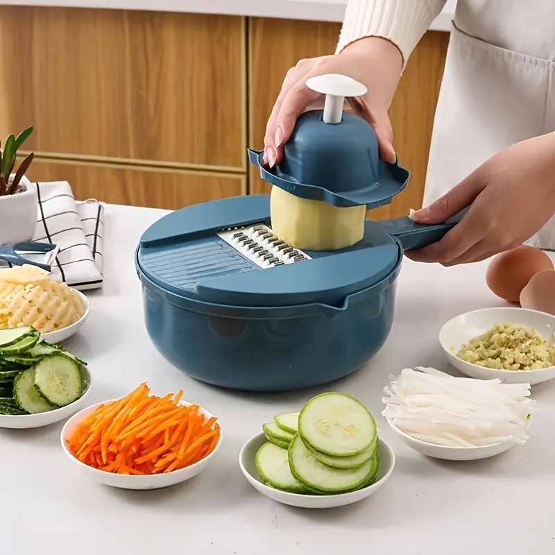 

Kitchen Chopping Tool, 12-in-1 Multifunctional Vegetable Chopper With Container, Draining Device, Hand Guard 6 Types Of Stainless Steel Blades. (blue)