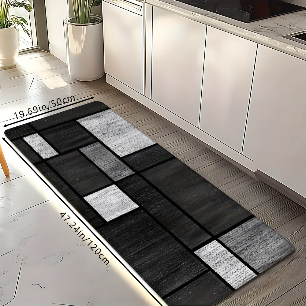 TEMU 1pc Modern Minimalist Black & Gray Mat - Non-slip Suitable, Bathroom, Dining Room Floor Mat With Plastic Backing, Machine Washable Low-pile