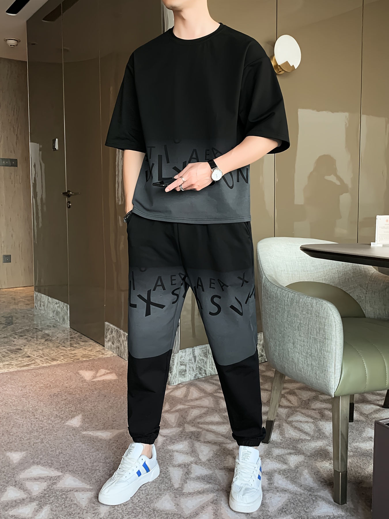Men's Summer Casual Cotton Blend Outfit Set - Gradient Color Short Sleeve T-Shirt & Stylish Drawstring Shorts, Machine Washable