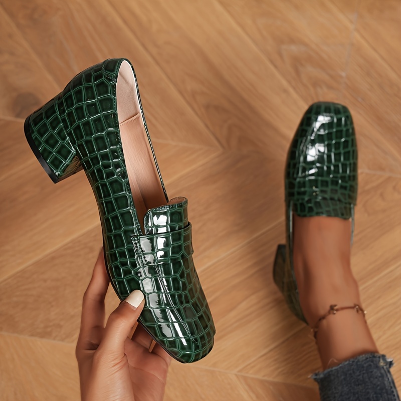 

Chic Green Crocodile-embossed Women's Loafers - Square Toe, Chunky Heel, Faux Cover, Lightweight For All