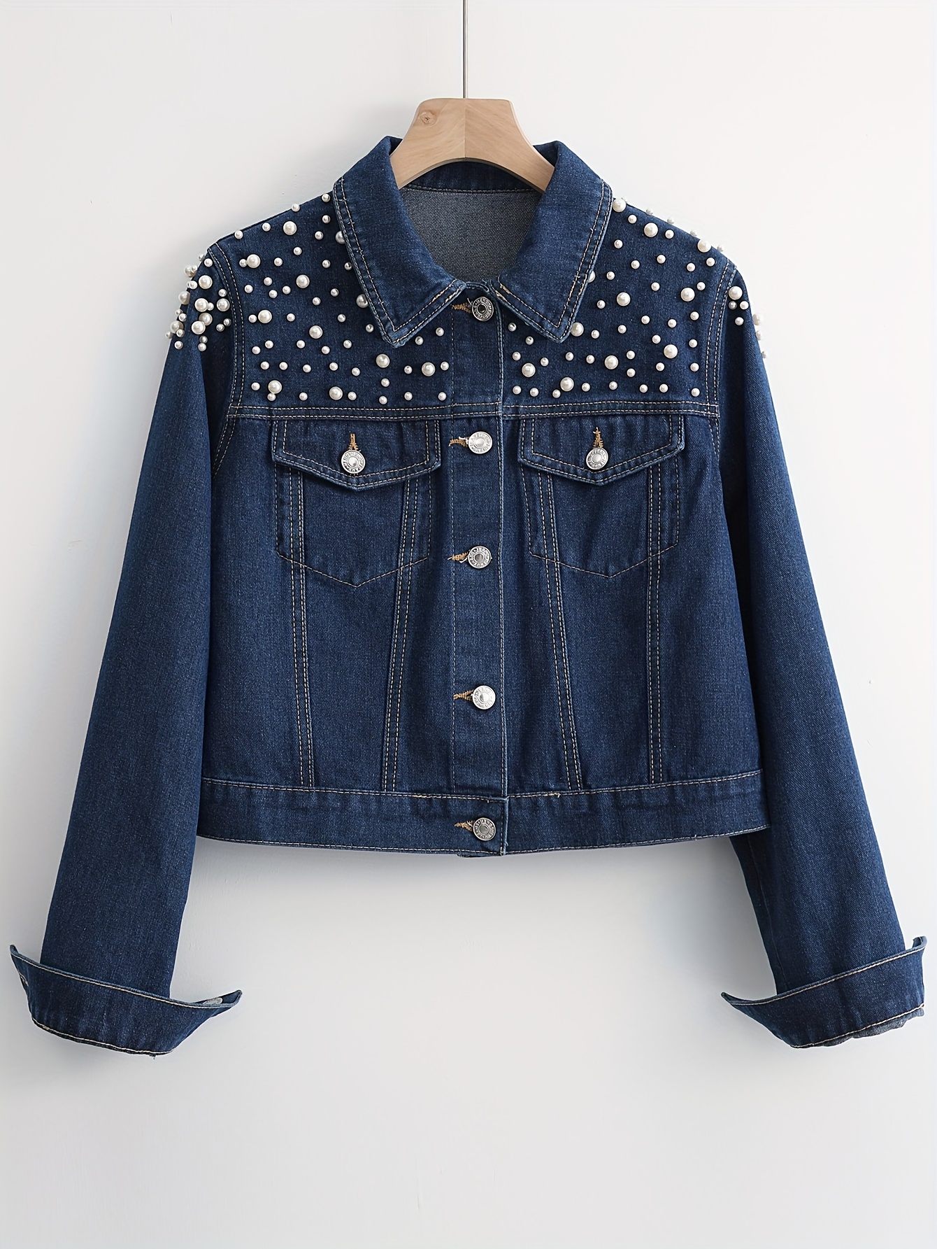 damen schwarz denimjacke perlenbesetzten knöpfen Temu Austria