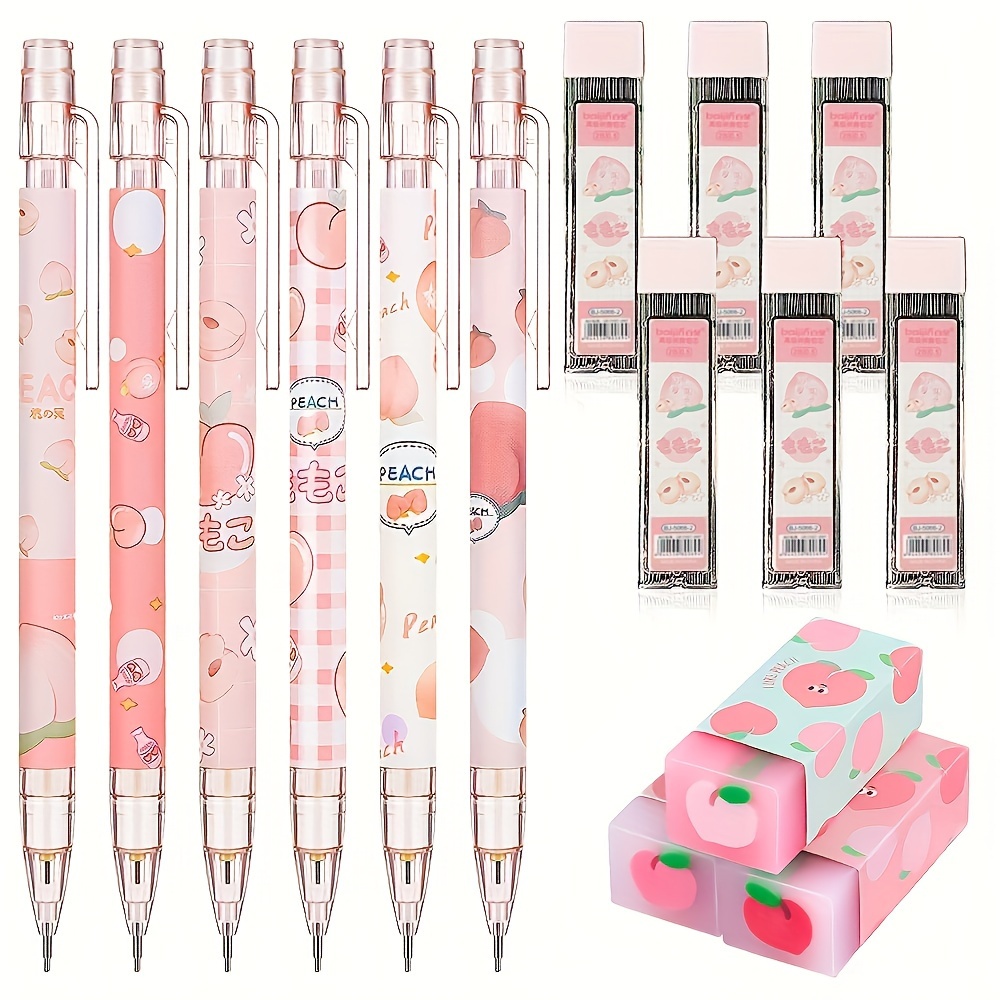 

15-piece Peach Mechanical Pencil Set With 0.5mm Lead & Cute Juice Erasers - Lightweight, Hb Grade For Sketching & School Supplies