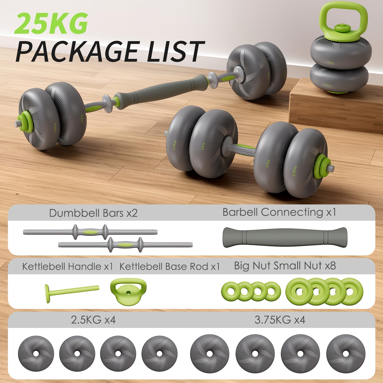 TEMU 20kg Pvc Soft Dumbbell 3-in-1 Set, Gray Green Kpyl 001, Adjustable Weight Dumbbells For Home Gym Workout Strength Training