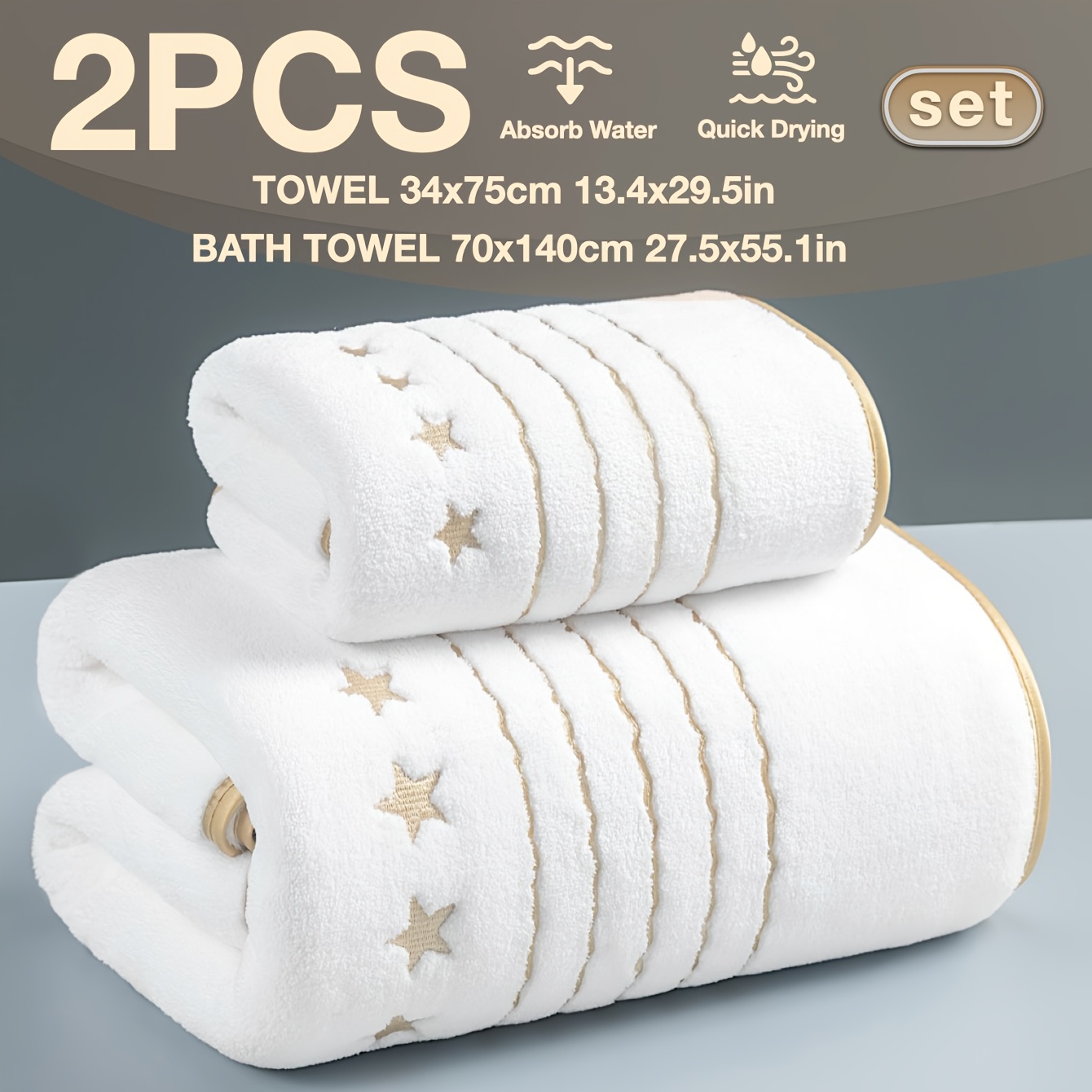 TEMU 2 pzas. Juego de toalla de baño y toalla de de lujo, absorción y secado rápido, con dorado y bordado con hilo dorado, medidas 70 × 140 cm y 35 ×